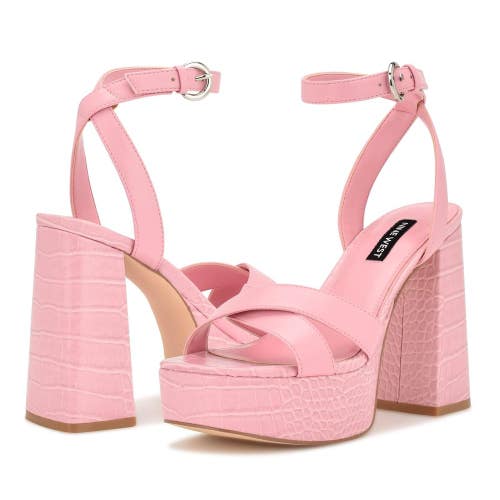 Nine West Joya 3 Sandal Womens 10 Pink Faux Leather Ankle Strap Platform JOBB477