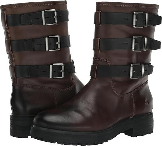 Lucky Brand Cheviss Women US 7.5 Dark Dune Leather Round Toe Biker Boots JOBB367