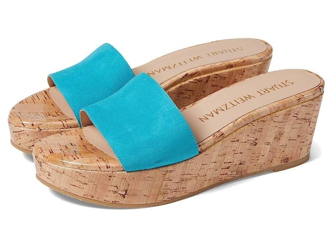Stuart Weitzman Summer Sandals Women's US 10.5 Blue Leather Wedge Heel KHD822