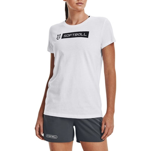 Under Armour Softball T-Shirt Women's M White Wordmark Bar Short Sleeve DSGL136