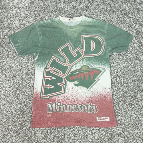 Minnesota Wild Shirt Mens Medium Green Red NHL Hockey Mitchell & Ness All Over