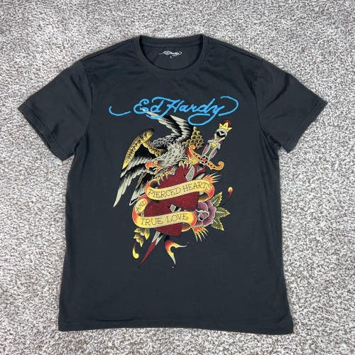Ed Hardy Shirt Mens Large Black Tattoo Eagle Pierced Hearts Graphic Tee Bling