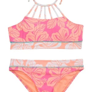 Hobie Honolulu Honey Two-Piece Swimsuit Kids 16 Pink Tropical Swimwear JDM1218