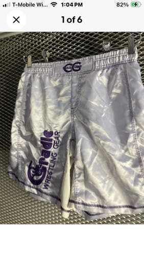 Cradle gear, white, shiny wrestling shorts, purple embroidery size medium