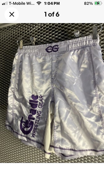Cradle gear, white, shiny wrestling shorts, purple embroidery size medium
