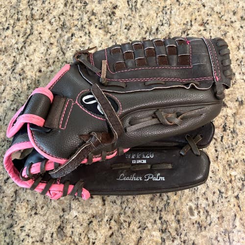 Rawlings Girls Fast Pitch Softball Glove WFP120 12" Dk Brown & Pink Leather RHT