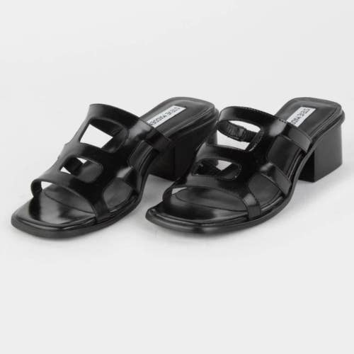 Steve Madden Princess Sandals Women's 8 Black Leather Slip-On Block Heel JZZ1146