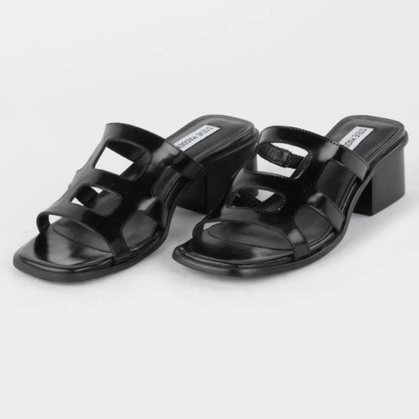 Steve Madden Princess Sandals Women's 8 Black Leather Slip-On Block Heel JZZ1146