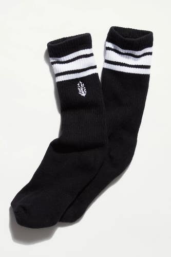 FP Movement Logo Stripe Tube Crew Socks Women Black White Stretch Ribbed DSGL205