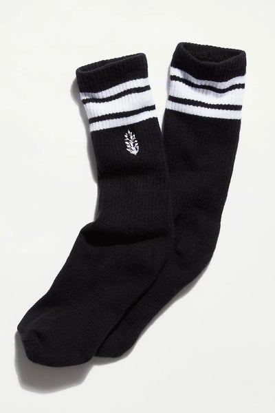 FP Movement Logo Stripe Tube Crew Socks Women Black White Stretch Ribbed DSGL205