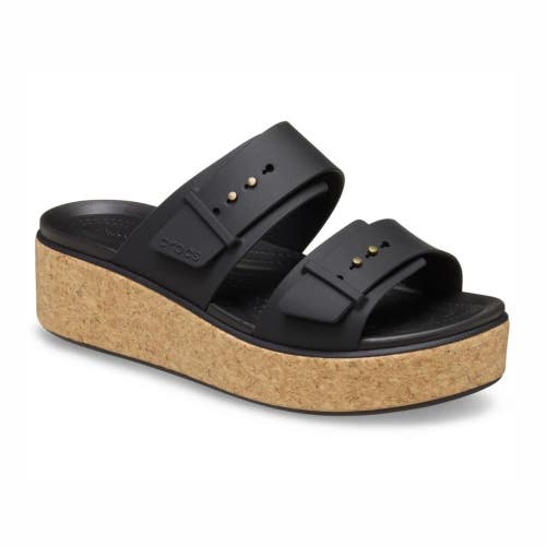 Crocs Brooklyn Cork Buckle 211252-001 Sandals Women's 7 Black Wedge Heel KFC694