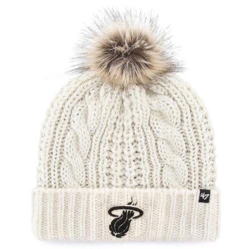 '47 Miami Heat Meeko Beanie Hat Women's White Cable Knit Cuffed Pom Pom DSGL181