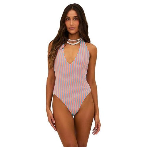 Beach Riot Frida Swimsuits Women's Large Petal Sripes Stretch One-Piece NWO149