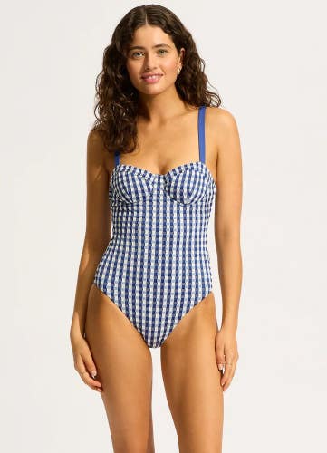Seafolly Bella Swimsuits Women's 8 Blue White Check Underwire One-Piece NWO148