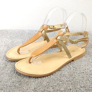 Niccolo Vacari Womens Size 6 T-Strap Sandals Tan Metallic Gold Leather Shoes