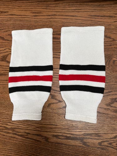 White, red/black striped youth hockey socks