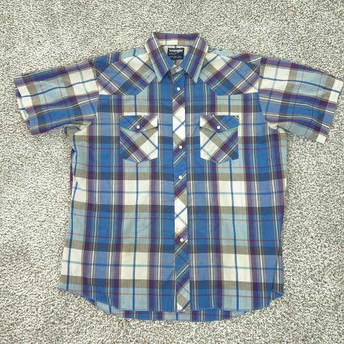 Wrangler Shirt Mens Extra Large 7 1/2 Blue Plaid Cowboy Cut Pearl Snap Western