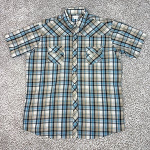 Wrangler Shirt Mens 2XLT Blue Tan Plaid Western Pearl Snap Cowboy Wrancher Top
