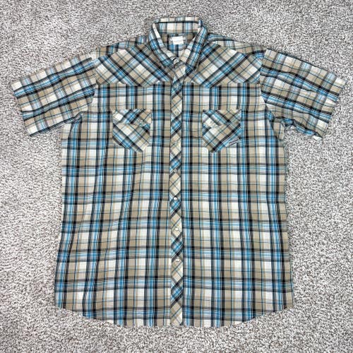 Wrangler Shirt Mens 2XLT Blue Tan Plaid Western Pearl Snap Cowboy Wrancher Top