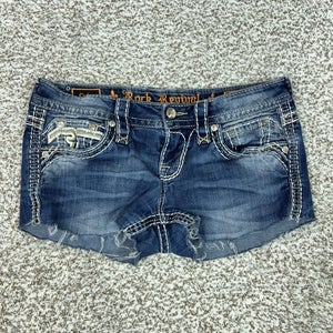 Rock Revival Shorts Womens 25 Blue Denim Cutoff Easy Mid Rise Rhinestone Pockets