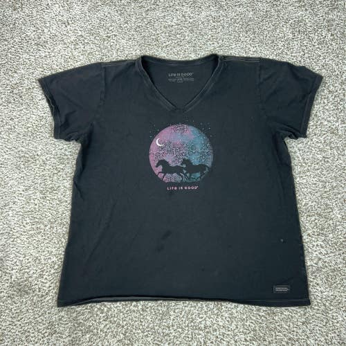 Life Is Good Shirt Womens XXL Black Crusher Horses Moon Graphic V Neck Tee T