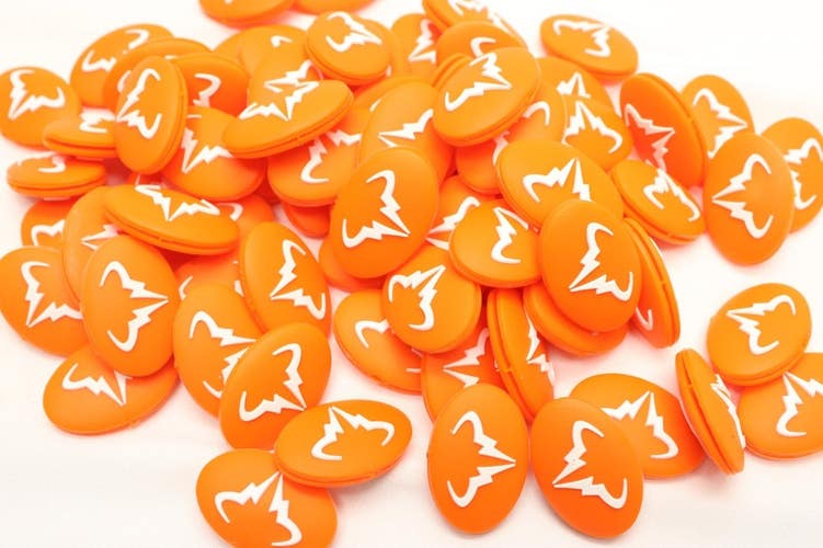 TWO (2X): RAFAEL NADAL ORANGE / WHT LOGO VIBRATION DAMPENERS FOR TENNIS RACQUETS