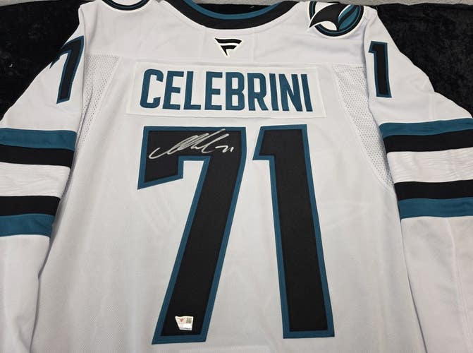 Sharks Macklin Celebrini Autographed Signed Teal Fanatics Premium Jersey COA WHT