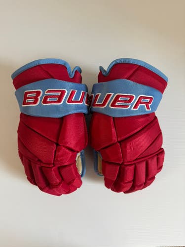 Like New 15” Bauer Vapor Team Pro Pro Stock Hockey Gloves - Red/Baby Blue
