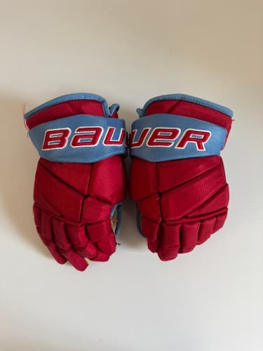 Used 14” Bauer Vapor Team Pro Pro Stock Hockey Gloves - Red/Baby Blue