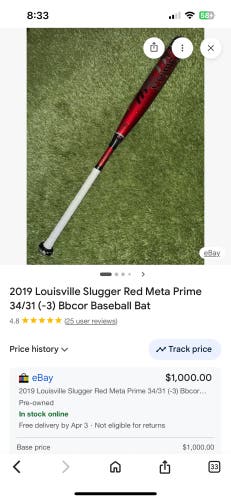 2019 Louisville Slugger Meta Prime Composite BBCOR Certified Bat (-3) 31 oz 34" (Used)