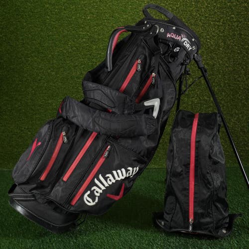 Callaway Aqua Dry Waterproof Stand Golf Bag Black/Red 6-Way Top + Rain Hood!!