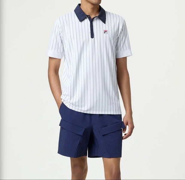 FILA Tennis Shirt Mens XL Performance Iconic BB1 Pinstripe UV Stretch White $90