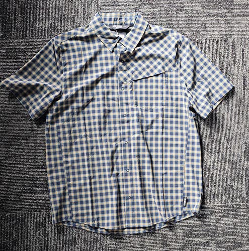 New Outdoor Research Astroman Short Sleeve Sun Shirt Mens Large Gold Nebula Plaid