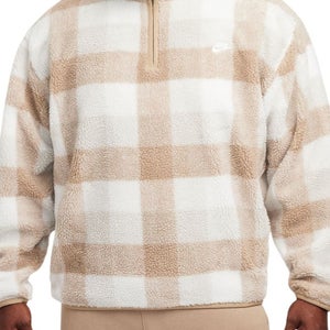 Nike Club Sweatshirt Men's L Khaki Sail Plaid Fleece Winterized 1/2 Zip DSGL358