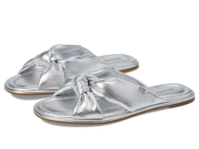 Michael Kors Elena 40S4ELFS1M-040 Sandals Women's 7 Silver Leather Slide GAL330