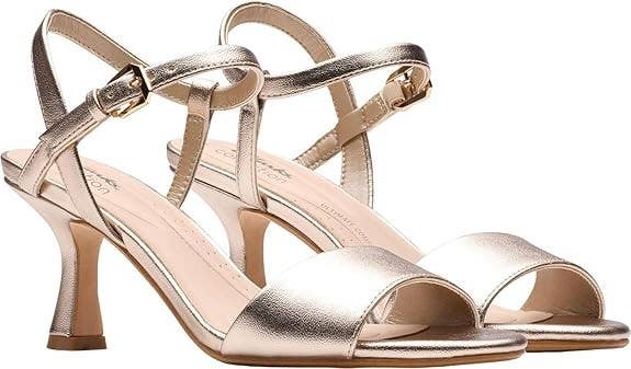 Clarks Evalynne May Sandals Women 11 Gold Metallic Ankle Strap Spool Heel GAL198