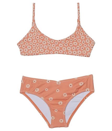 Billabong Bikini Top Girl 8 Peach Floral Print Stretch Two-Piece Swimsuit ERK446