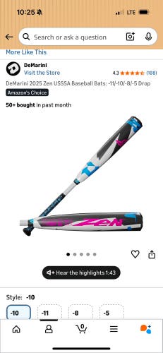 2025 DeMarini CF Zen Composite USSSA Certified Bat (-10) 18 oz 28" (Used)