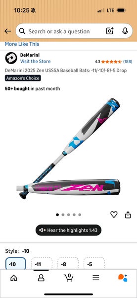 2025 DeMarini CF Zen Composite USSSA Certified Bat (-10) 18 oz 28" (Used)