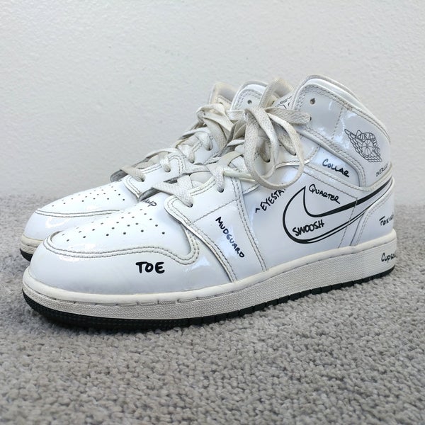 Nike Air Jordan 1 Mid Schematic Boys 7Y Shoes DQ1864-100 White Patent Leather