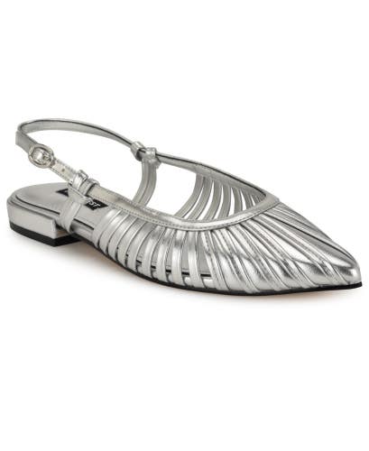 Nine West Duria Flat Women's US 6.5M Silver Pointed Toe Cutout Slingback JZZ1261