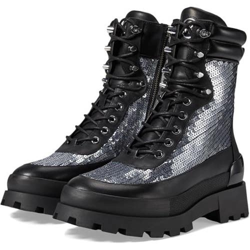 Michael Kors Rowan Boots Women's 7.5M Black Silver Leather Ankle Combat JZZ1172