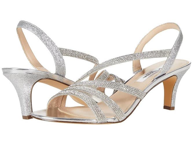 Nina Noura Sandals Women's US 6 Silver Rhinestone Slingback Kitten Heel ZOGG282