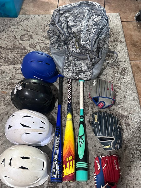 Baseball bundle bats, helmets, gloves