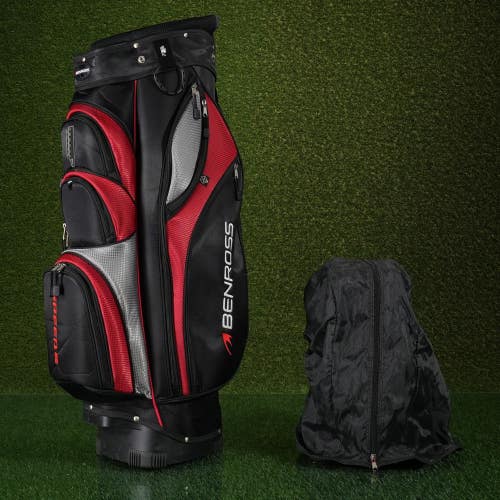Benross Pro Cart Golf Bag Black/Red 14-Way Divider w/ Putter Well & Rain Hood