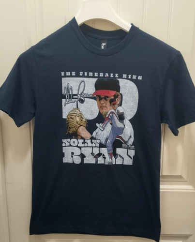 Nolan Ryan #34 Fireball King 500 Level Caricature Tee Navy M NWT