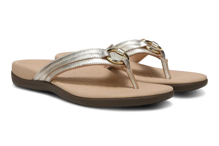 Vionic Tide Aloe Sandals Women's 11 Champagne Leather Toe Post Thong ZOGG1258