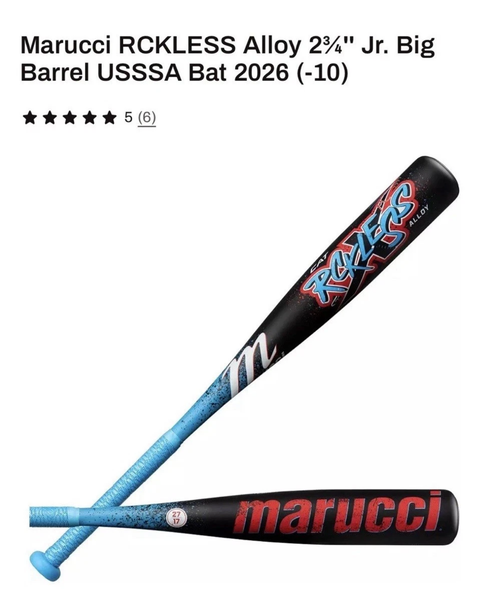 2026 Marucci Rckless Alloy USSSA Certified Bat (-10) 17 oz 27" (New)