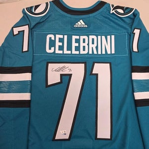 Sharks MACKLIN CELEBRINI Autographed Auto Signed TEAL Premium Jersey FANATICS