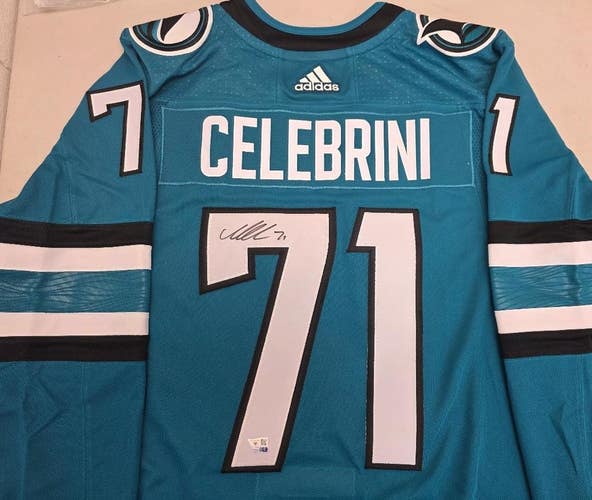 Sharks MACKLIN CELEBRINI Autographed Auto Signed TEAL Premium Jersey FANATICS